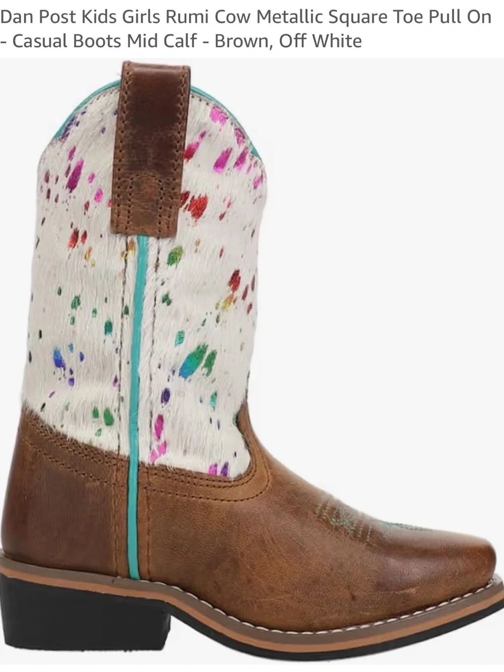 Dan Post Kids Brown Leather & Cream Cowhide Boots with Turquoise Trim